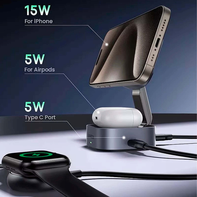 Беспроводная зарядка Ugreen W526 Magnetic Wireless Charger Grey Cosmos - рис.9