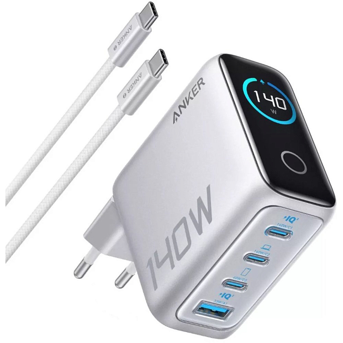 Сетевое зарядное устройство Anker Charger 140W 3xUSB-C/1xUSB-A LCD with USB Cable Silver - рис.0