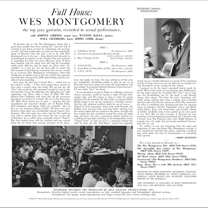 Виниловая пластинка Wes Montgomery - Full House (Analogue, Original Jazz Classics) LP - рис.2