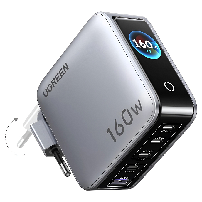 Сетевое зарядное устройство Ugreen X774 160W 5-Port GaN 4-USB-C/USB-A Silver - рис.0