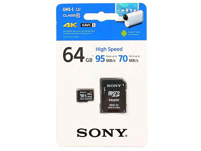 Карта памяти Sony MicroSD UHS-I U3 64Gb (SR64UX2AT) + Adapter - рис.0