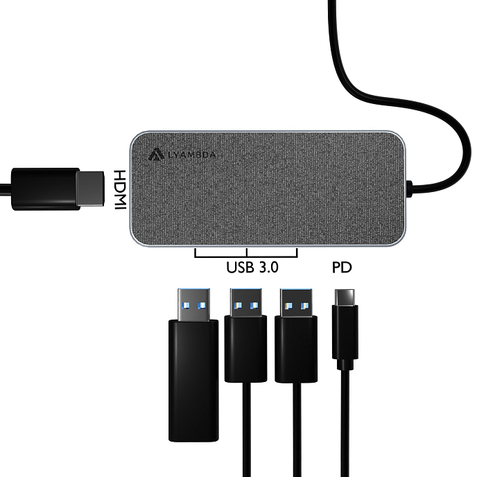 USB HUB Lyambda Slim Aluminum LC129 Type-C 5 in 1 Grey - рис.2