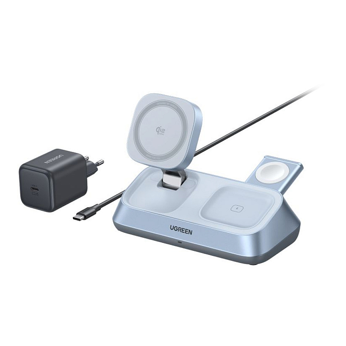 Беспроводная зарядка Ugreen W711 MagFlow Desktop 3in1 25W QI2.2 Silver Blue - рис.0