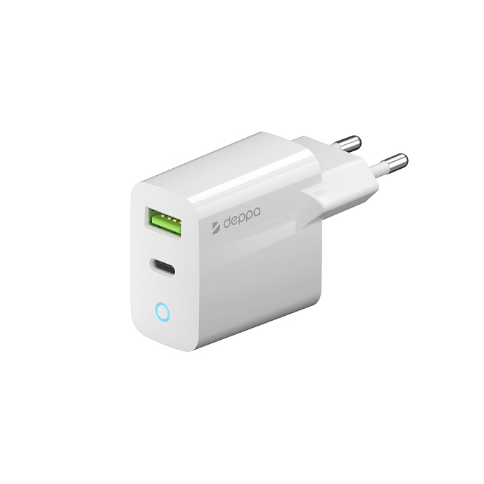 Сетевое зарядное устройство Deppa USB-C-USB-A PD 3.0 QC 3.0 20W White - рис.0