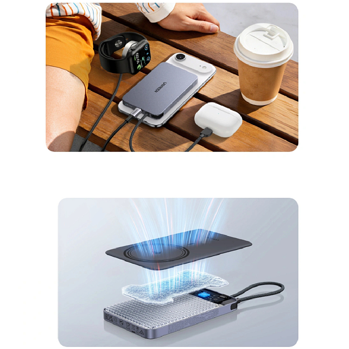 Внешний аккумулятор Ugreen PB570 MagFlow Air Ultra-Slim 10000mAh with USB-C Silvery Blue - рис.11