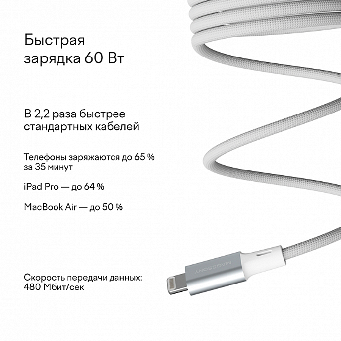 Кабель Magssory Link L 60W USB-C - Lightning White 1.2m - рис.4