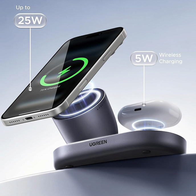 Зарядное устройство UGREEN W751 ZAPIX 2-in-1 Wireless Charger Grey Cosmos - рис.2