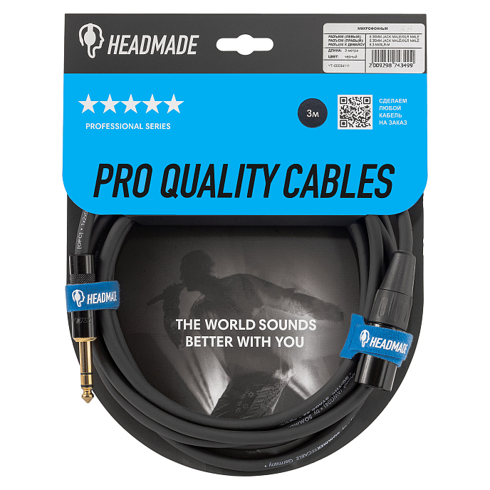 Кабель HeadMade Pro XLR-M - 6.3mm stereo Black 3m - рис.1