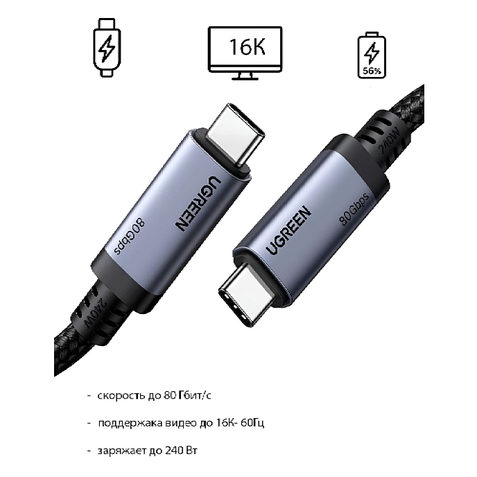 Кабель Ugreen L706 USB-C - USB-C GEN4 Grey 2m - рис.1