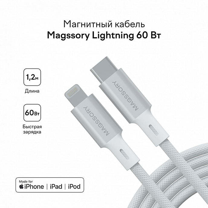Кабель Magssory Link L 60W USB-C - Lightning White 1.2m - рис.2