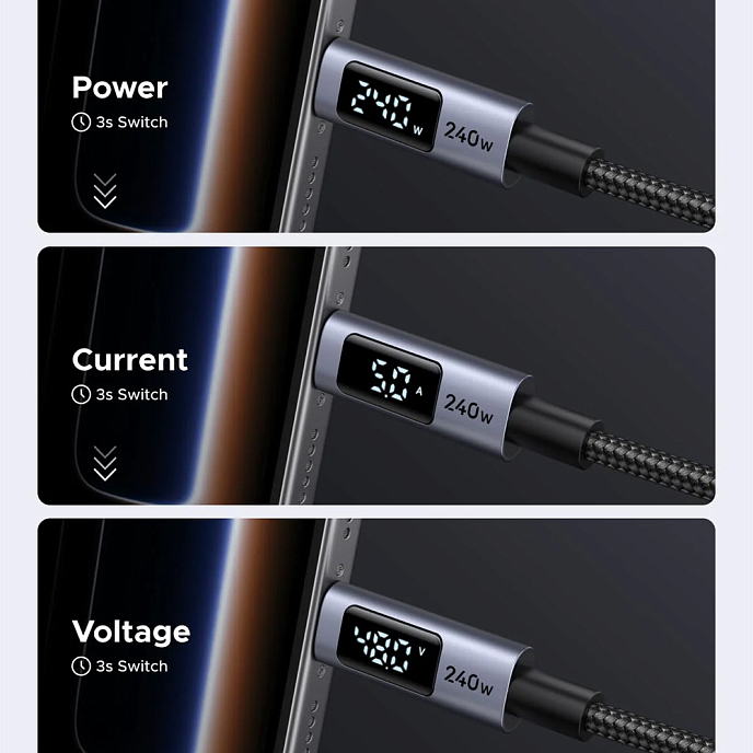 Кабель Ugreen L530 USB-C to USB-C PD 240W Grey Cosmos 1m - рис.3