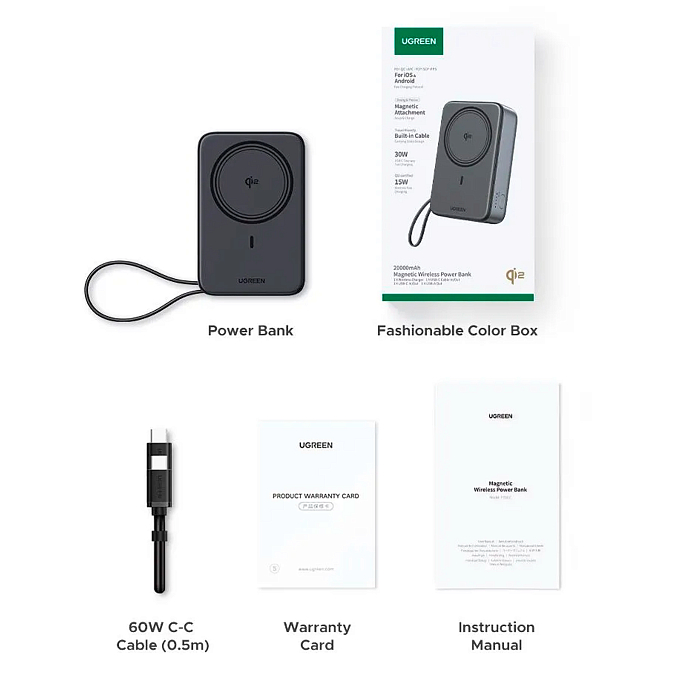 Портативный аккумулятор UGREEN PB567 20000mAh Wireless QI2 15W Grey Cosmos - рис.3