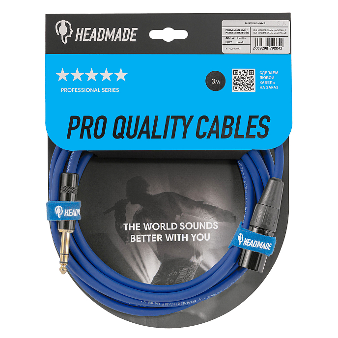 Кабель HeadMade Pro XLR-M - 6.3mm stereo Blue 3m - рис.1