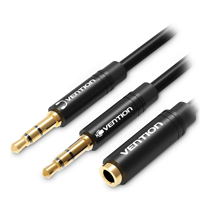 Кабель Vention 3.5mm Female 4pin - 2x3.5mm Male Black 1m - рис.0