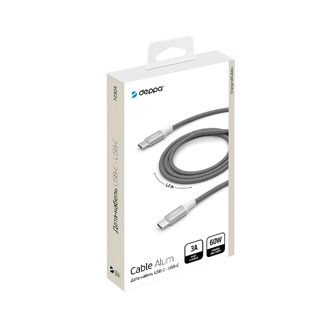 Кабель Deppa USB-C 3A 1.2m Silver - рис.1