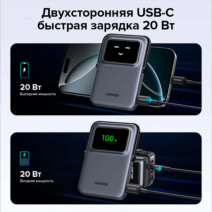 Портативный аккумулятор UGREEN PB571 UNO 5000mAh MIni Magnetic Wireless 20W Grey - рис.5